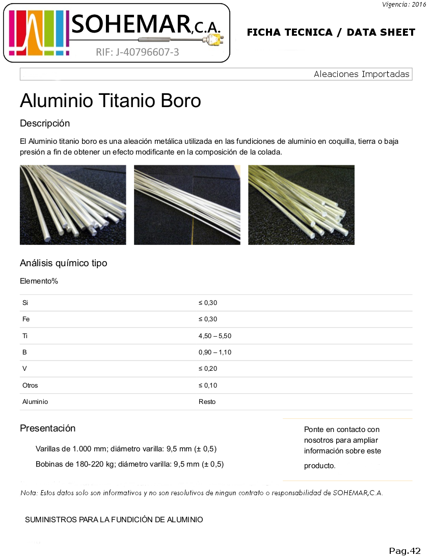 SOHEMAR CA Ficha Tecnica de Titanio Boro Data Sheet Titanium Boro
