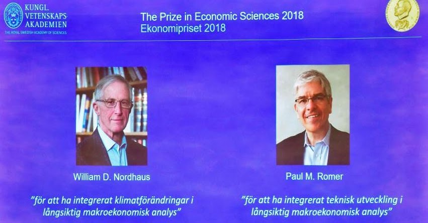 Ganadores del Premio Nobel de Economía 2018, fueron los estadounidenses William Nordhaus y Paul Romer