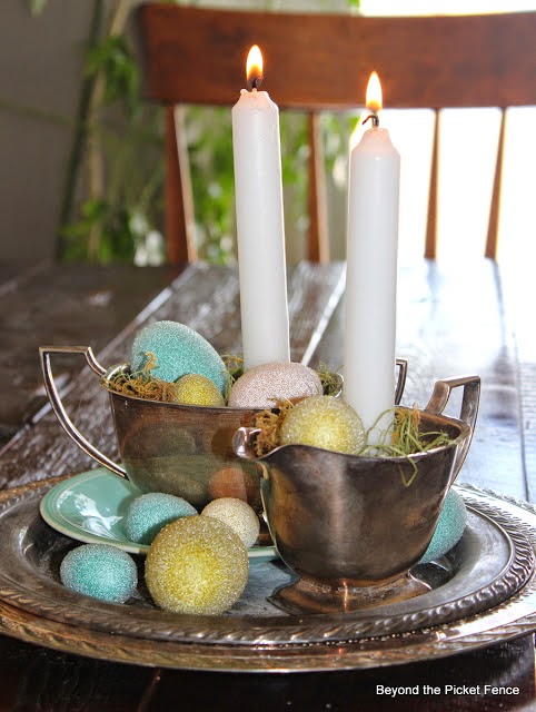 spring, centerpiece, candles, silver tray, spring eggs, Beyond The Picket Fence, http://bec4-beyondthepicketfence.blogspot.com/2015/02/spring-ideas-are-you-ready.html