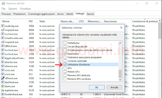 Task Manager Windows 10 aggiungere colonna Limitazione di potenza