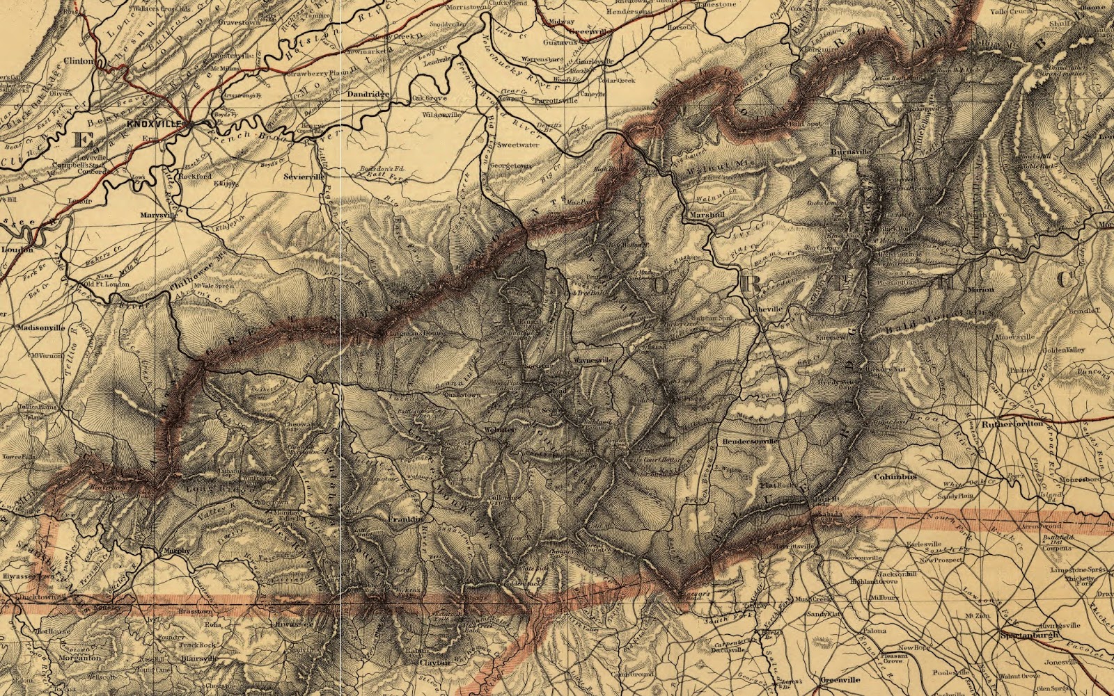 an 1864 map provides a little more detail on the mountain range the great smoky mountains begin at the little tennessee river and extend to the french an 1864 map provides a little more detail on the mountain range the great smoky mountains begin at the little tennessee river and extend to the french