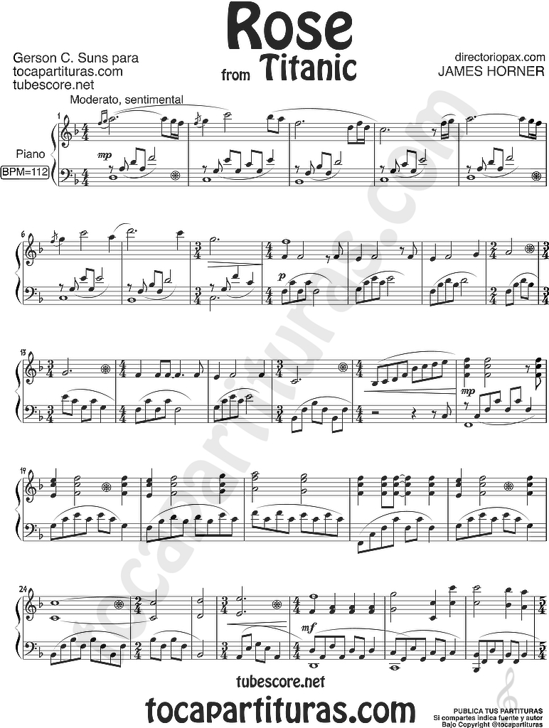 Saco preposición Casarse diegosax: Rose de Titanic by James Horner Partitura de Piano de Titanic  Sheet Music for Piano "Rose"