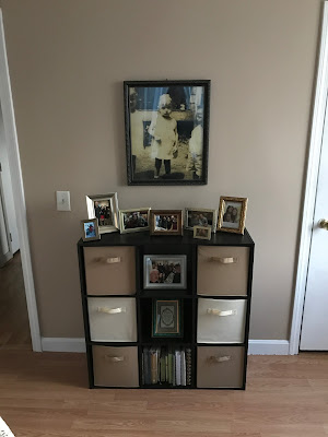 Cube Shelving, family photographs and antique picture of my aunt when she was 5