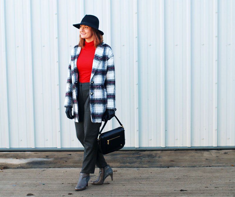 Bold and bright outfit for cold weather: Black, white and red check cocoon coat red roll neck grey peg leg trousers pants grey ankle boots Jennifer Hamley mini KT work bag black fedora | Not Dressed As Lamb, over 40 style blog