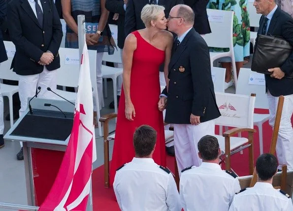 Prince Albert, Princess Charlene, Princess Gabriella and Prince Jacques. Princess Charlene wore Roland Mouret one shoulder silk dress