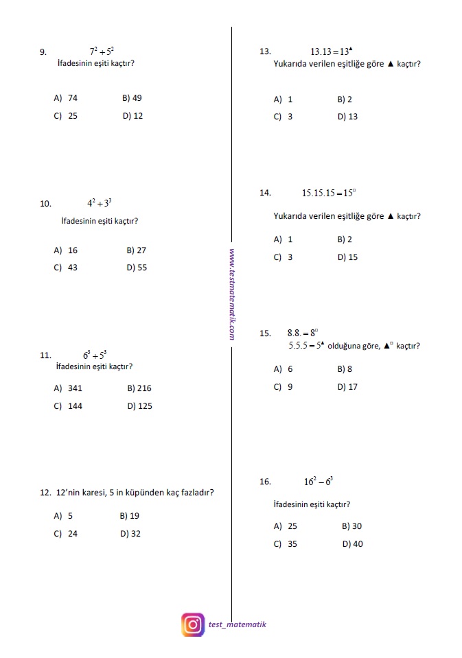 5 sinif dogal sayilarin karesi ve kupu test test matematik