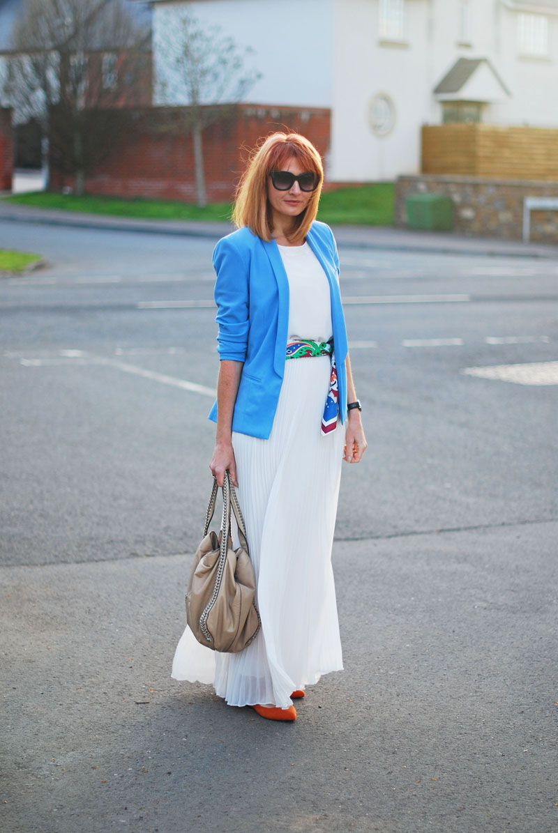 SS16 White pleated maxi skirt, white chiffon top, blue blazer, scarf as belt, orange lace up flats | Not Dressed As Lamb