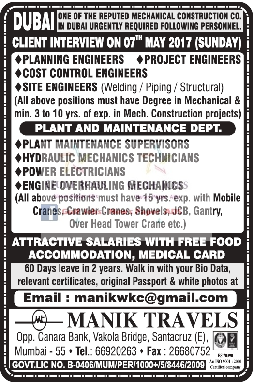 Reputed Mechanical co Jobs for Dubai Gulf Jobs for Malayalees