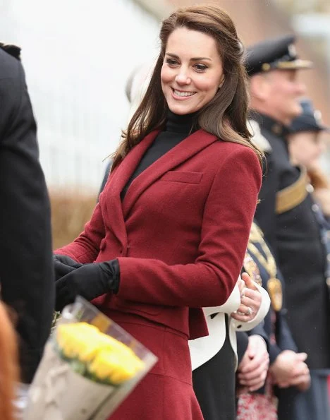 Kate Middleton wore the suit by Paule Ka and wore Kiki McDonough Eternal Citrine Cushion and Diamond Earrings, Stuart Weitzman boots