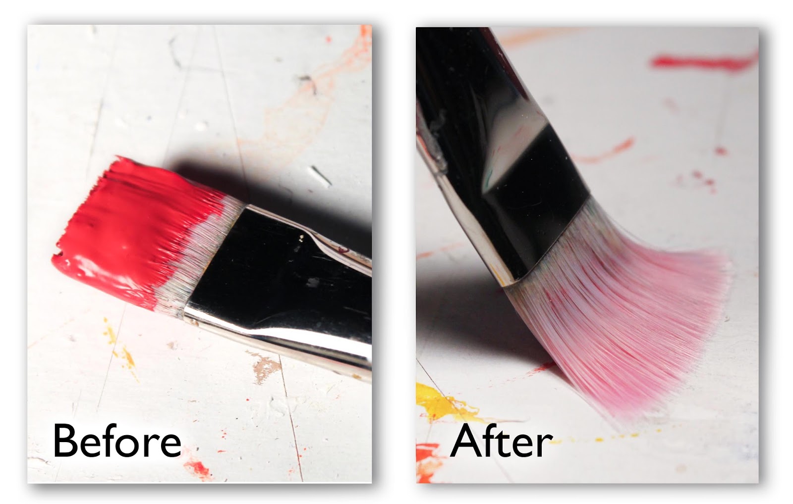 the results of cleaning dried acrylic paint from a paintbrush