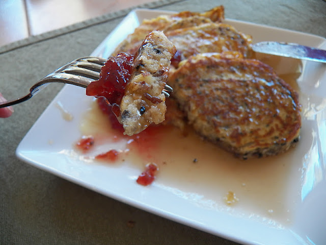 Chia bread French Toast on plate with syrup and jam