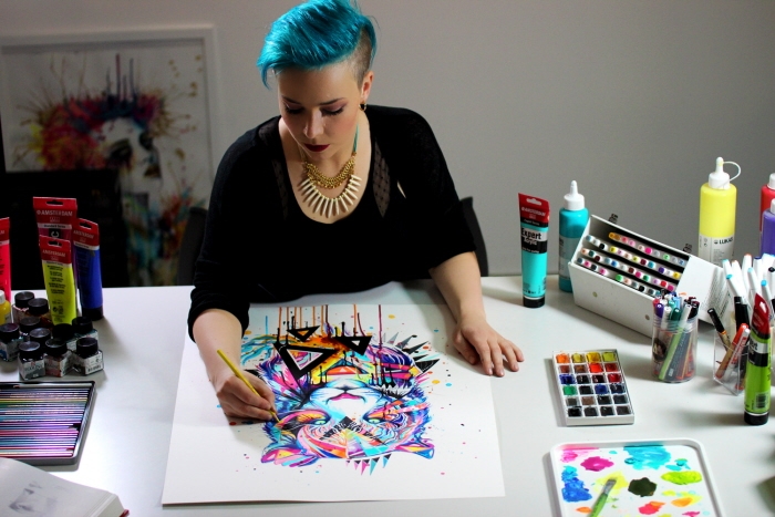 17-In-the-Studio-Svenja-Jödicke-PixieCold-Mixed-Media-Painting-and-Coloring-www-designstack-co