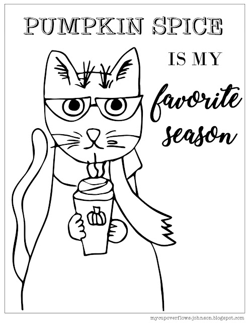 free cat coloring page with pumpkin spice drink