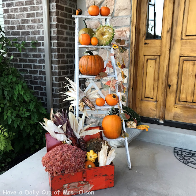 Have a Daily Cup of Mrs. Olson-old ladder on fall porch
