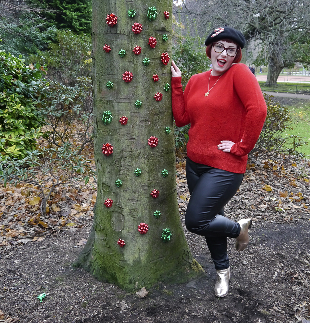 Casual Christmas Outfit Unlikely Style Icon, Christmas, Christmas outfit, Christmas Unlikely Style Icon, festive jumper, subtle festive jumper, red outfit, winter outfit, Bonnie Bling snowflake necklace, winter necklace, gold boots, Primark gold boots, black beret, candy cane, Alternate Normality, festive outfit, Spex Pistols glasses