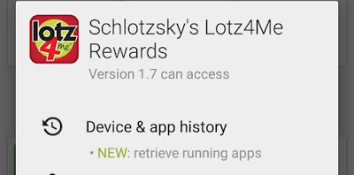 Schlotzsky's Lotz4Me app requests permission to retrieve running apps