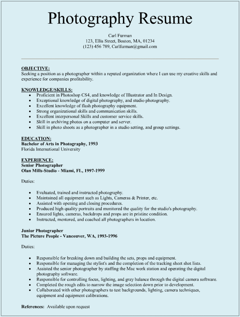 professional photographer resume examples