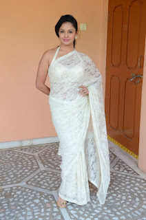 Pooja Kumar in a White Transparent so Saree and Sleeveless Deep neck Choli