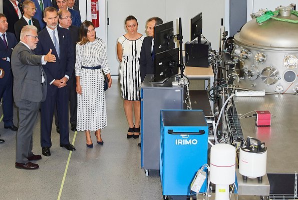 Queen Letizia wore Massimo Dutti Print Dress and Queen Letizia wore Carolina Herrera High heel slingback blue pumps