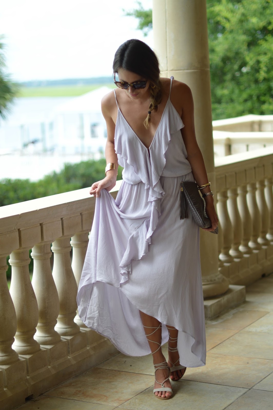 flowy purple dress / Southern Style / lace up sandals