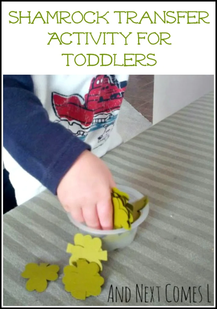 Toddler-friendly shamrock transfer activity for St. Patrick's Day from And Next Comes L