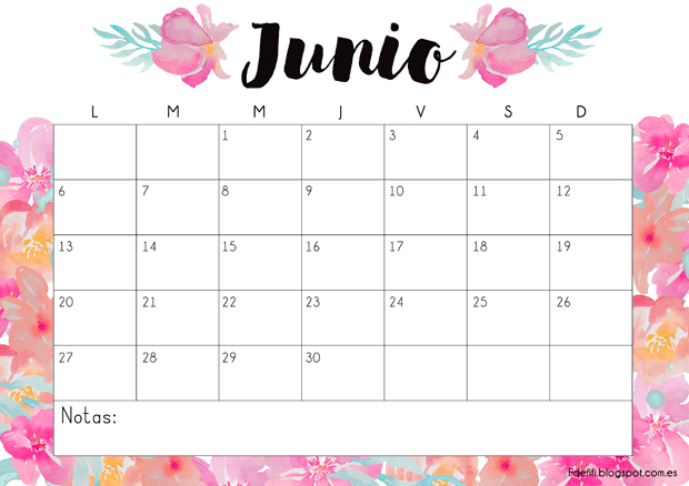 Calendario para descargar e imprimir - Junio 2016