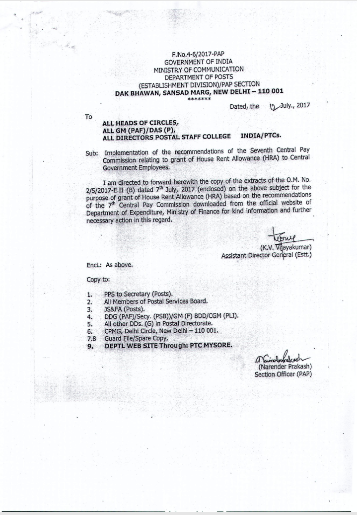 Department of Posts Important Six Orders on Implementation of 7th CPC