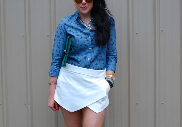 Old Navy floral blouse, Zara white skort, Coach Legacy clutch, Louis Vuitton bangle, white leather Topshop heels