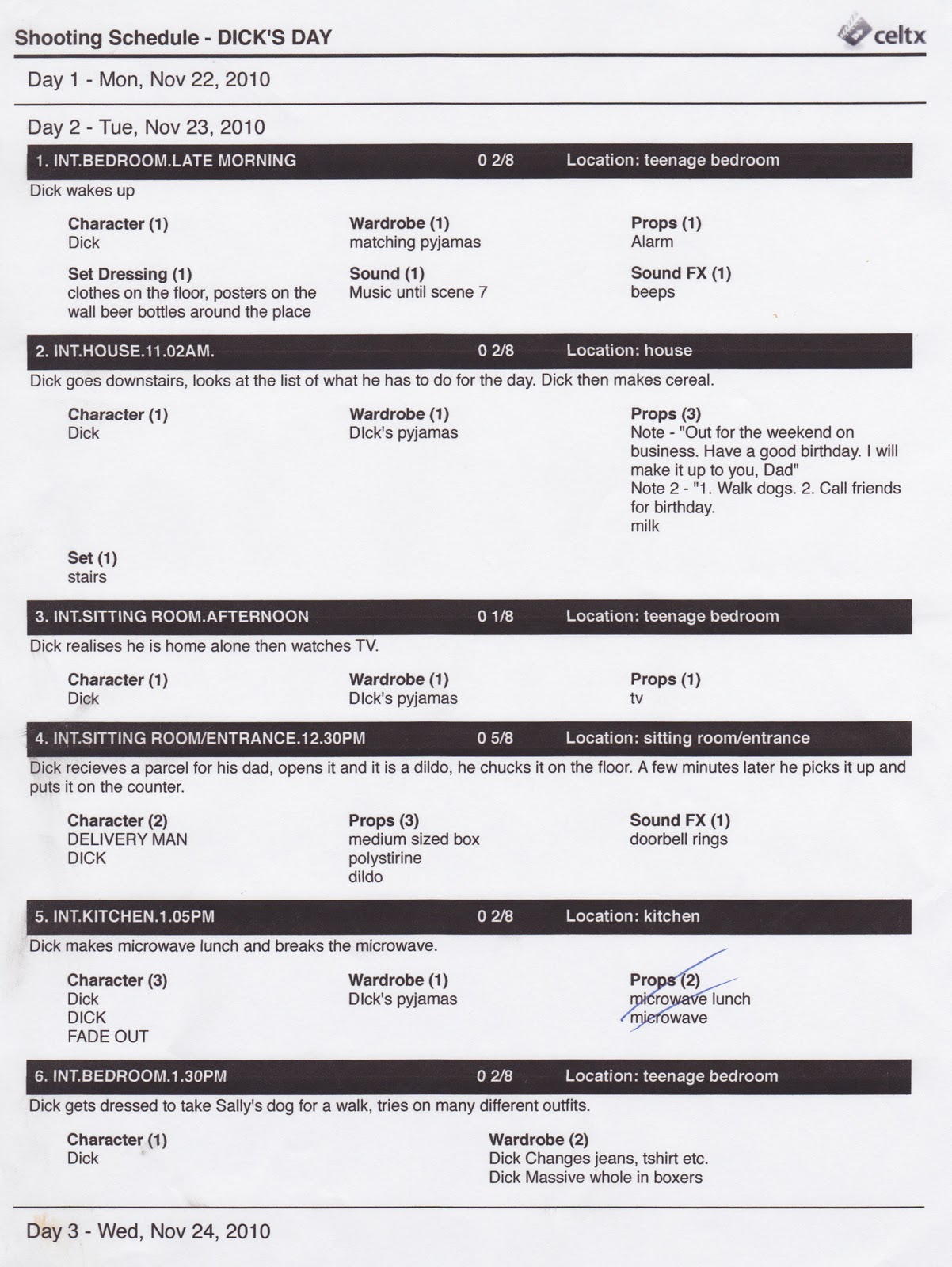 Media A2 Planning Shooting schedule and scene summary