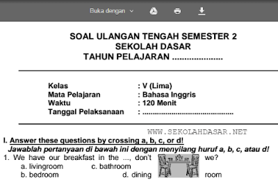 Soal UTS Bahasa Inggris Kelas 5 SD/MI Semester 2