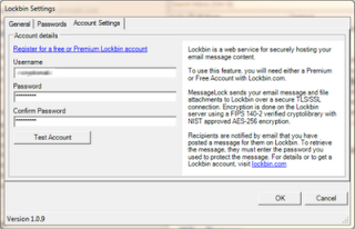 Screen shot showing Lockbin settings page of Outlook add-in.