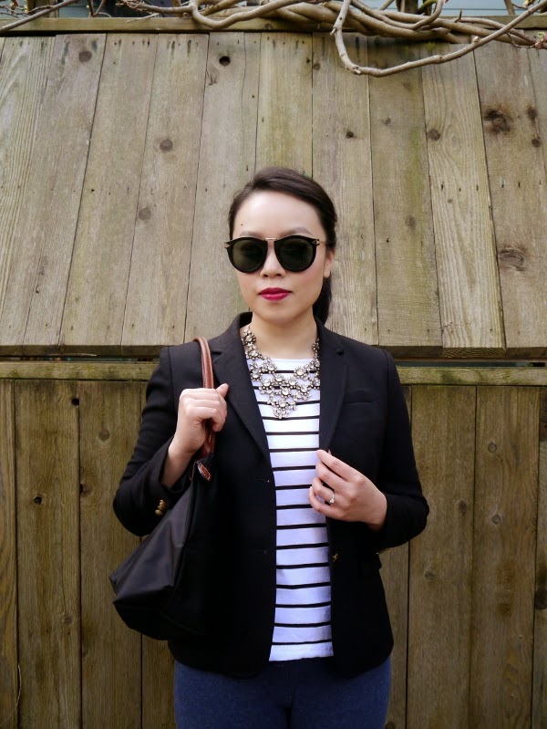 Classic: shades, statement necklace, blazer and Breton stripes