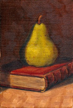 Oil painting of a green pear on top of a red leather bound book with gold edging.