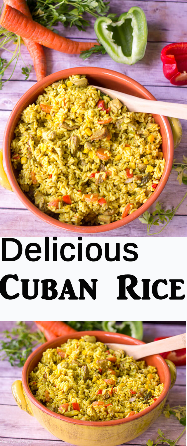 A one pot cuban yellow rice dish with chicken and Sausage