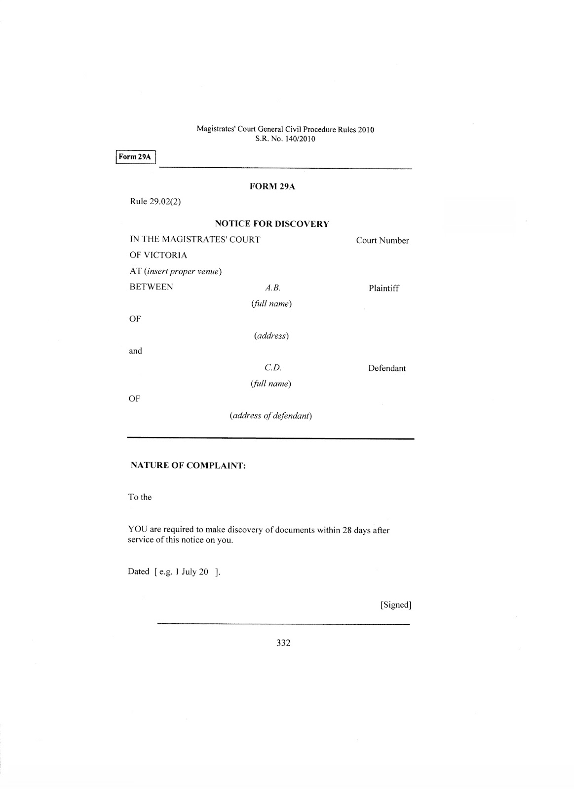 Corporate Australia Form 29A Notice For Discovery (Victoria) self litigants