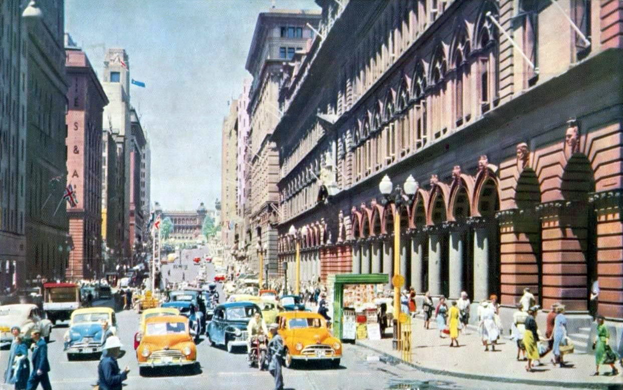 transpress nz cars in Martin Place, Sydney, circa 1960