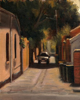 Oil painting of a car in a laneway with green bins towards the foreground and Victorian-era houses on either side with overhanging trees.