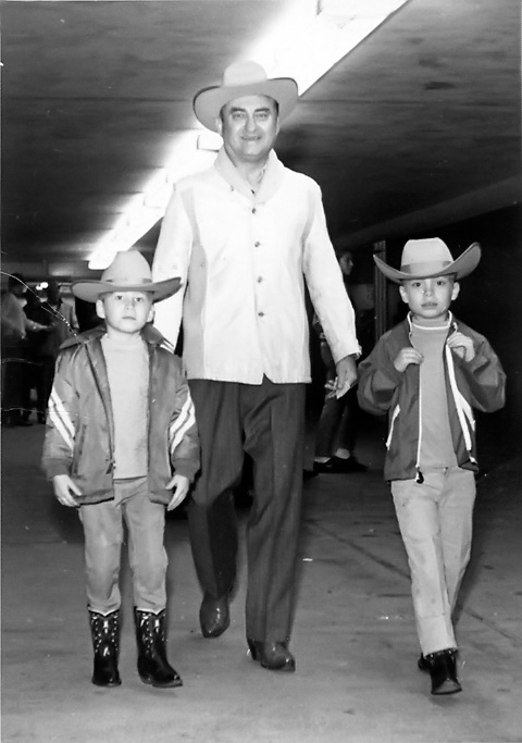 My dad, Gene Slovacek, with me (L) and brother Gary (R) heading to the rodeo in Fort Worth, TX