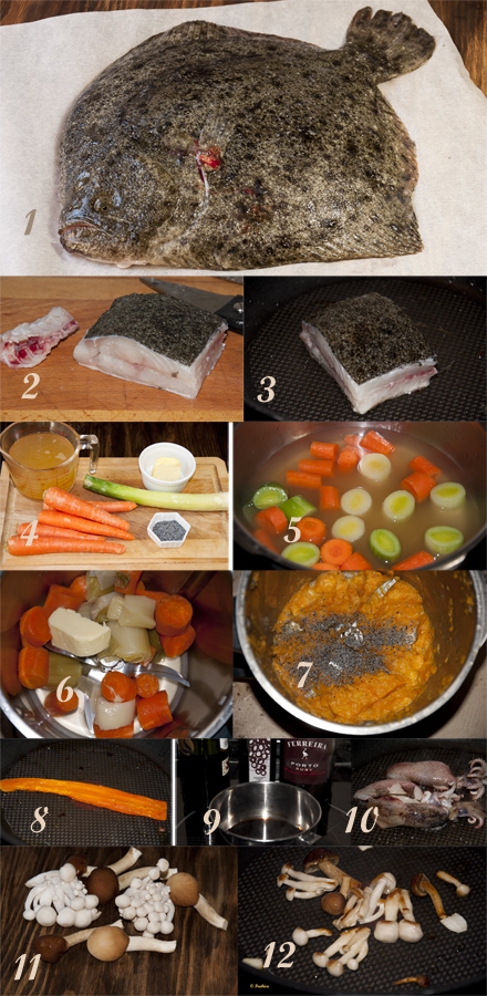 Lomo de rodaballo con crema de zanahoria, chipirón y reducción de soja