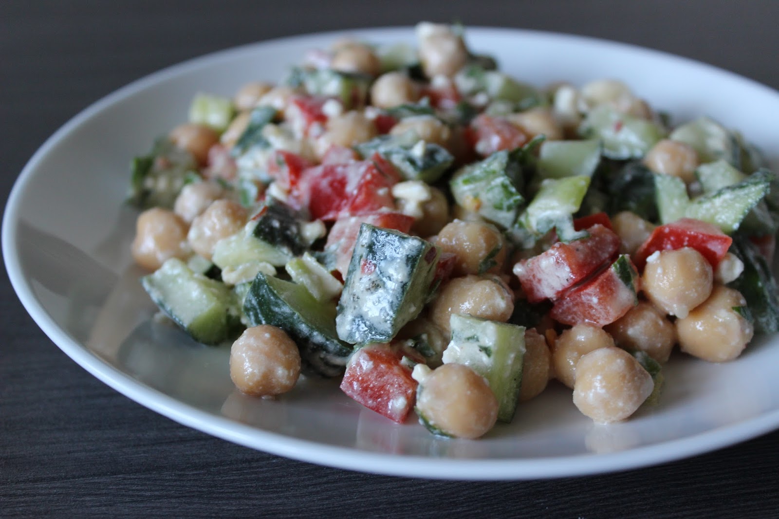 A Hoppy Medium Chickpea, Vegetable, and Feta Salad with LemonTahini