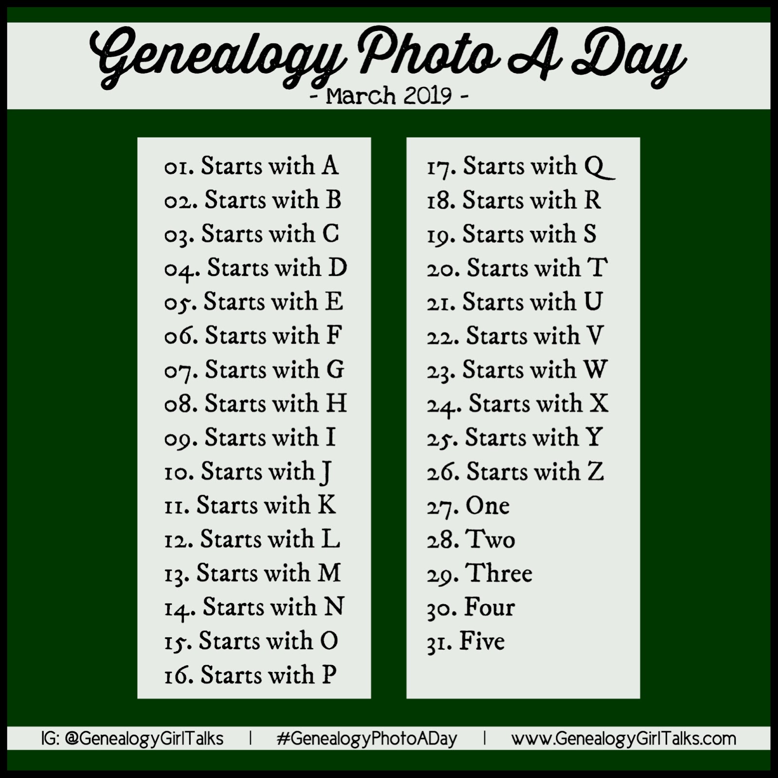 March 2019 Genealogy Photo A Day Daily Prompts