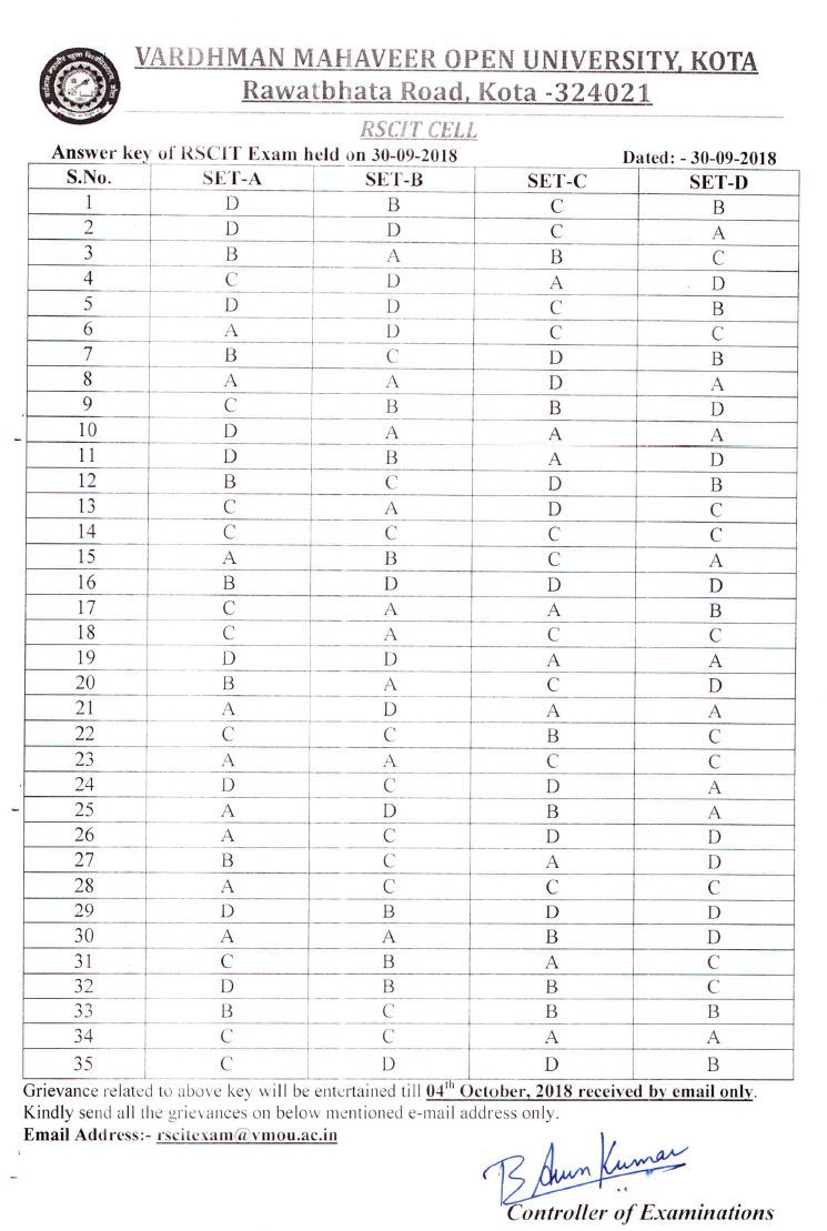 RKCL RSCIT Answer Key 19 January 2020 Set A B C D Answer Key GK in