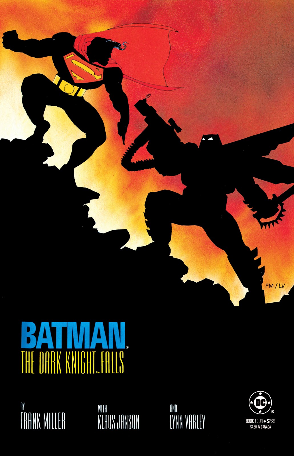 Portada de Batman: The Dark Knight #4, parte de la novela gráfica The Dark Knight Returns escrita por Frank Miller en donde vemos a Superman y Batman peleando. 