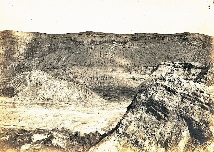 View from the middle of the crater near the central cone, looking toward the eastern wall. There the path is visible. Image credit: University of Michigan Digital Collections. View from the middle of the crater near the central cone, looking toward the eastern wall. There the path is visible. Image credit: University of Michigan Digital Collections.