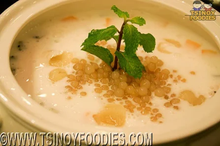 chilled coconut milk soup with sago and fresh fruits