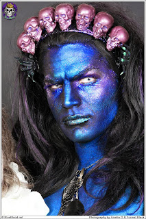 Adam Lambert blue skin Halloween costume with skulls