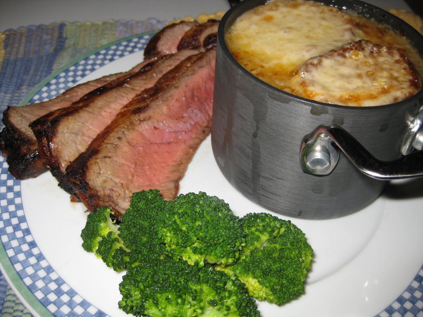 Running Mama Cooks French Onion Soup, with London Broil and Broccoli