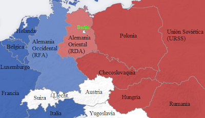 División de Europa entre las naciones de la OTAN (zona capitalista) y las naciones del Pacto de Varsovia (Zona comunista o Bloque del Este)