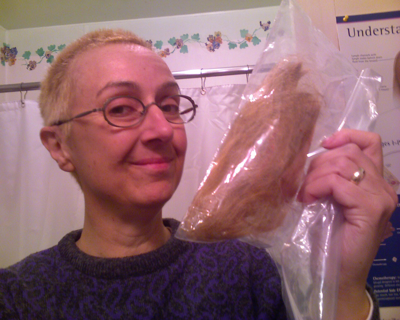 Chemo Transit Hair, hair, everywhere in a plastic bag, on my shoulders, on my pillows, in the