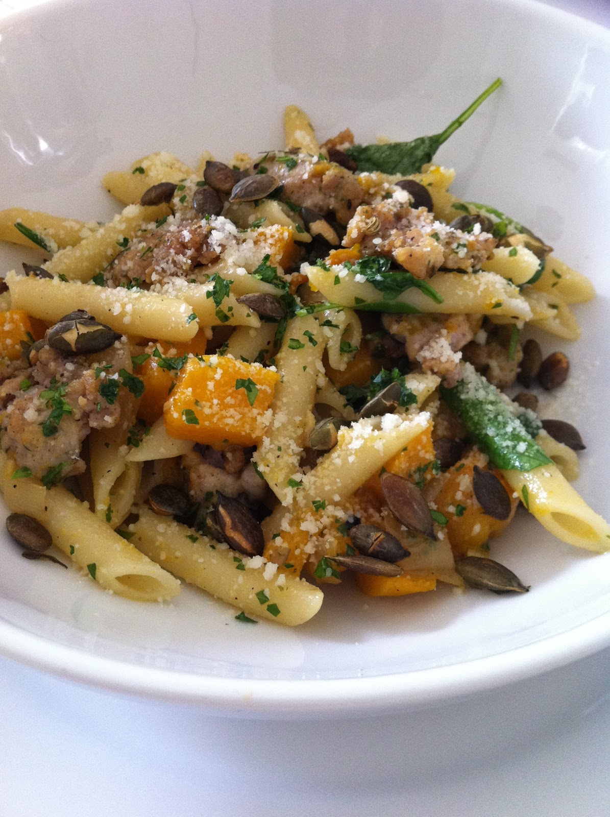 FIVE O�CLOCK FOOD Penne Pasta with Roasted Acorn Squash, Sweet Italian